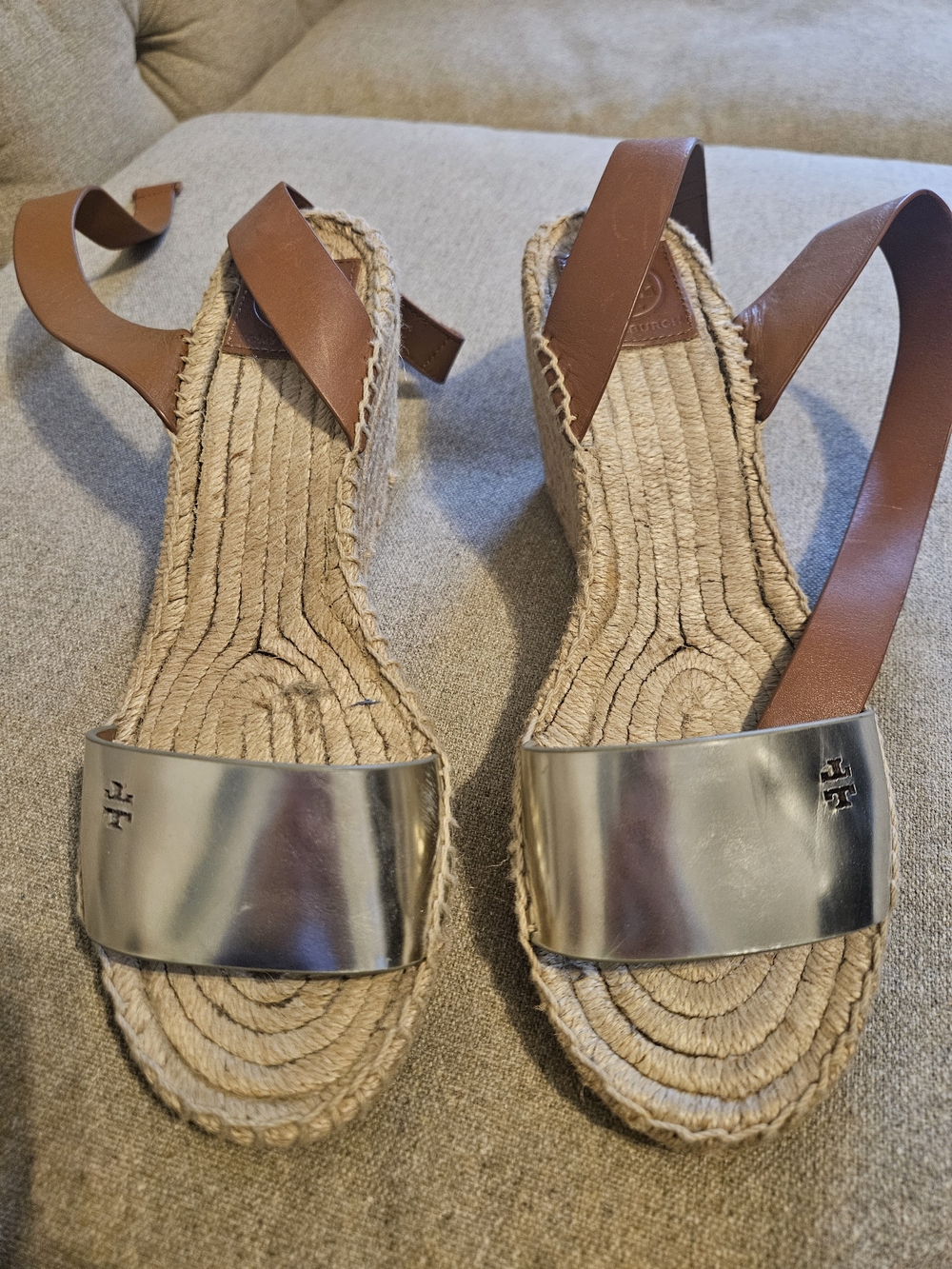Tory Burch Brown Leather & Metallic Espadrille Sandals 9.5 Great Condition